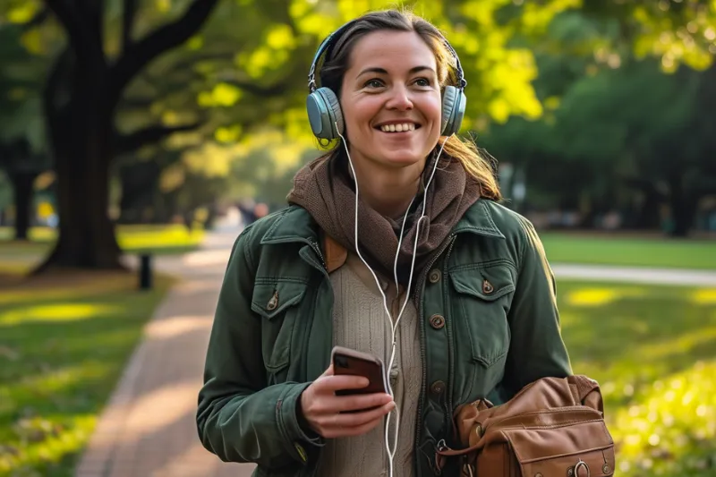 woman travelling in Austin, TX walking  Zilker park. Holding small travel bag and wearing headphone and listing songs while walking with smiling face.