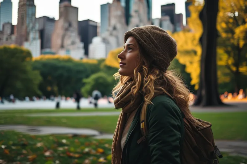 woman travelling in New York City, NY. walking in city central park felling atmosphere and relaxes her mind.