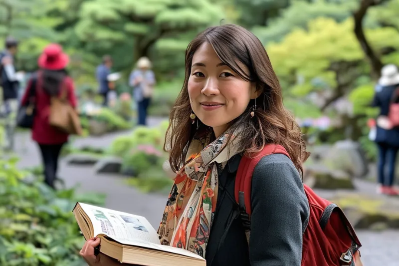 woman travelling in Portland, OR holding books. 