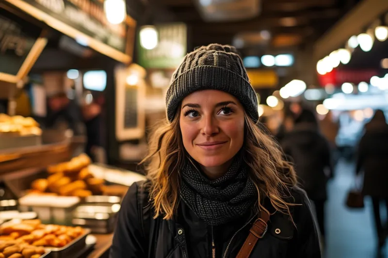 woman travelling in Seattle, WA. In Seattle, WA pike place market tasting popular local food.