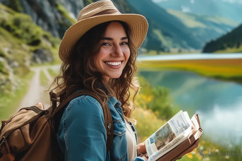 Woman travelling alone and enjoying the nature with reading book.